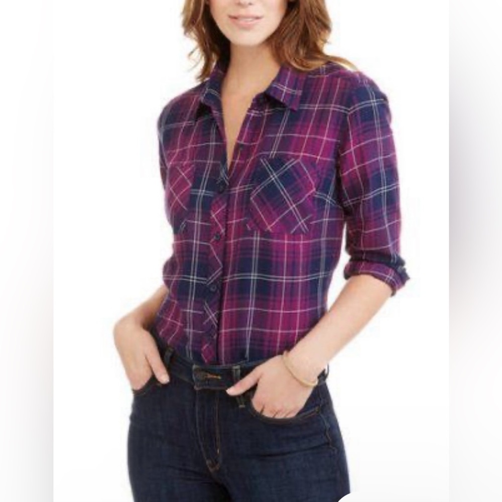 Faded Glory Women's Size Medium Plaid Flannel Long Sleeve Purple Shirt Chest